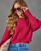 Burgundy cropped crewneck sweater with ribbed neckline, cuffs, and hem