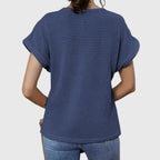 Navy crochet blouse back view with short flutter sleeves