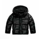 Women's black hooded puffer jacket, quilted insulation, full-zip front, hood