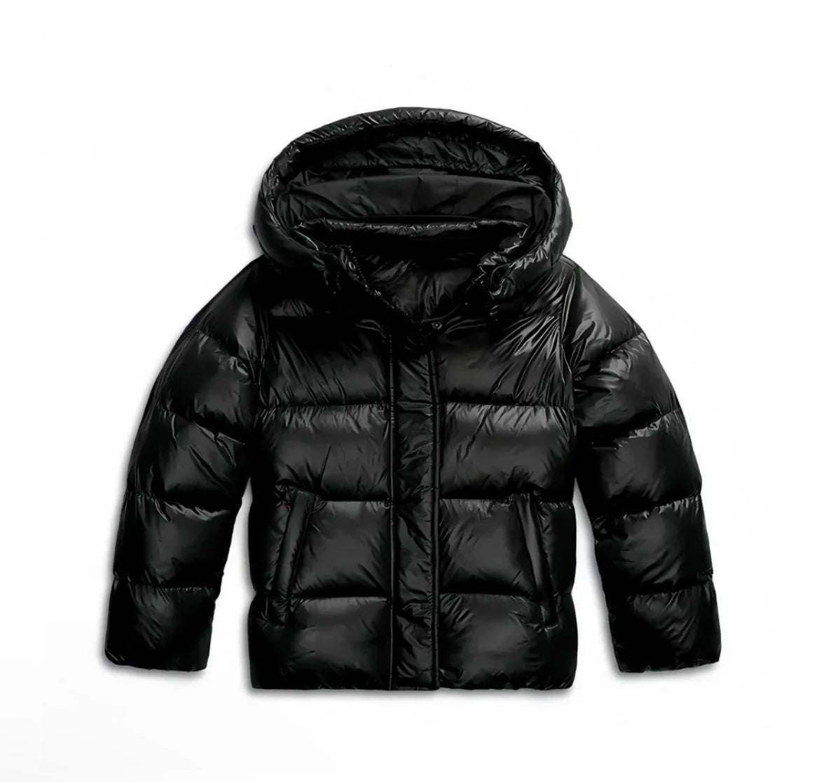 Women's black hooded puffer jacket, quilted insulation, full-zip front, hood