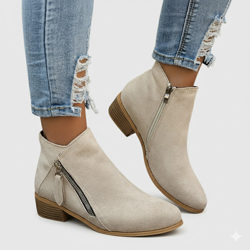 Beige suede zip ankle boots with side zipper and low block heel