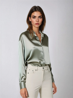 Olive green satin-style button-up shirt blouse with pointed collar and long sleeves