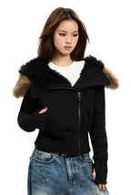 Black zip-up hoodie with black faux fur hood trim and tan fur accents on shoulders
