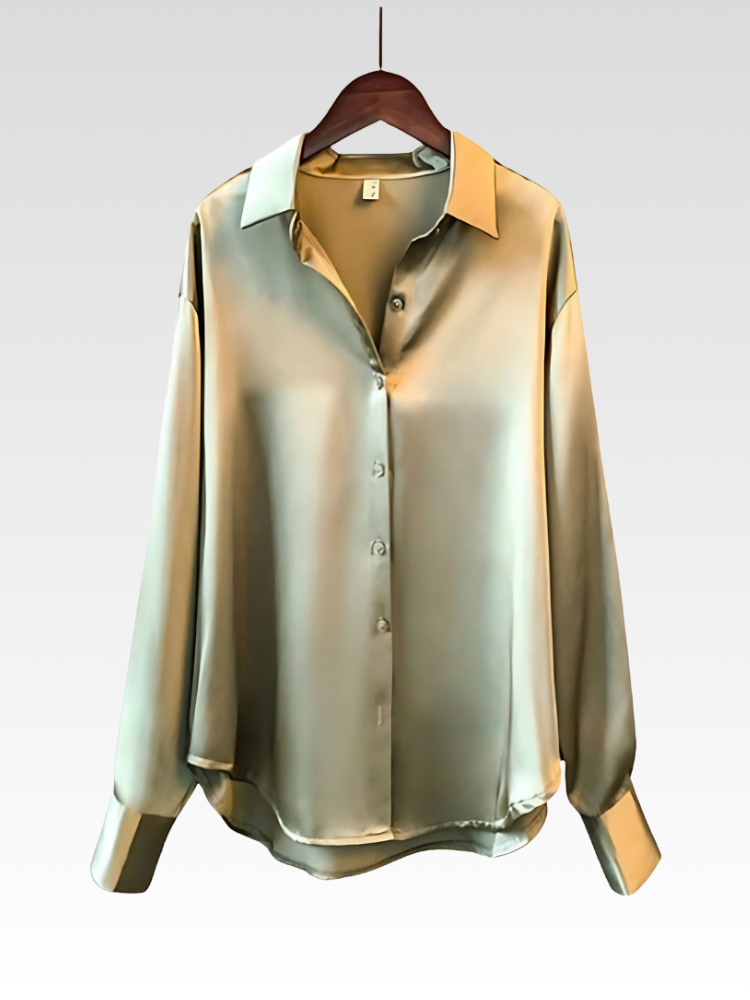 Champagne satin-style button-up shirt blouse on hanger with pointed collar and long sleeves