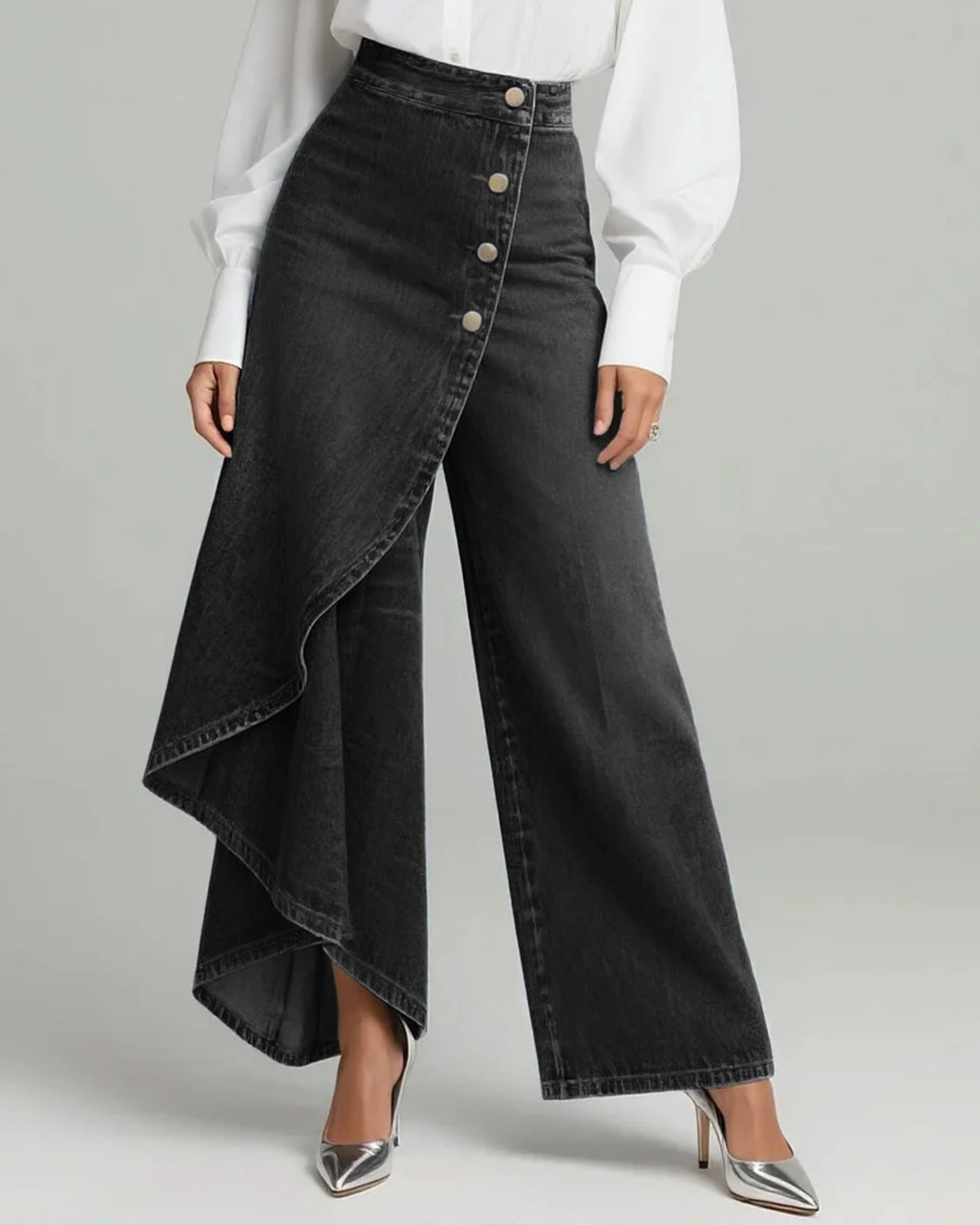 Black denim wrap trousers with high waist, button fly, asymmetric draped side overlay