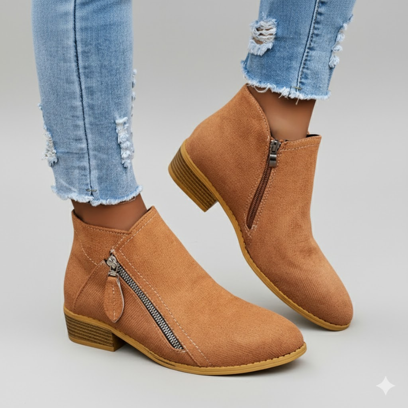 Light brown suede zip ankle boots with side zipper and low block heel