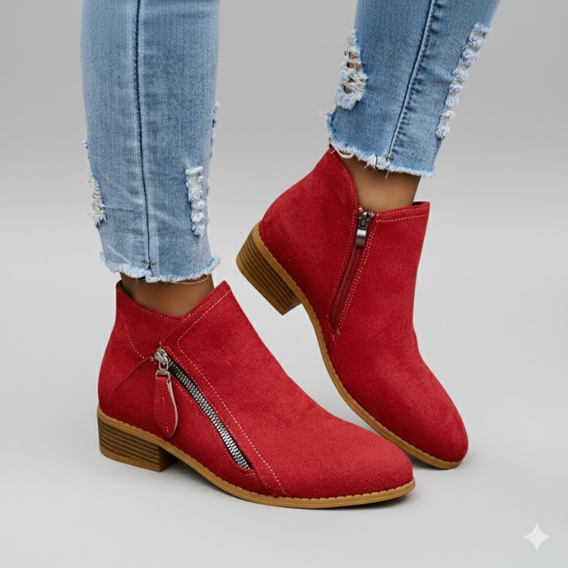 Red suede zip ankle boots with side zipper and low block heel