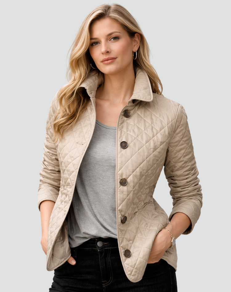 Women's quilted jacket, beige button-front with stand collar and long sleeves