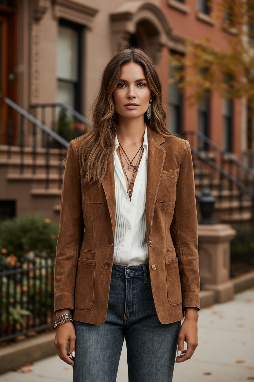 Women's suede-look blazer in brown, notch lapels, flap pockets, and button-front closure