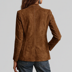 Women's suede-look blazer in cognac brown, back view with long sleeves and seam lines