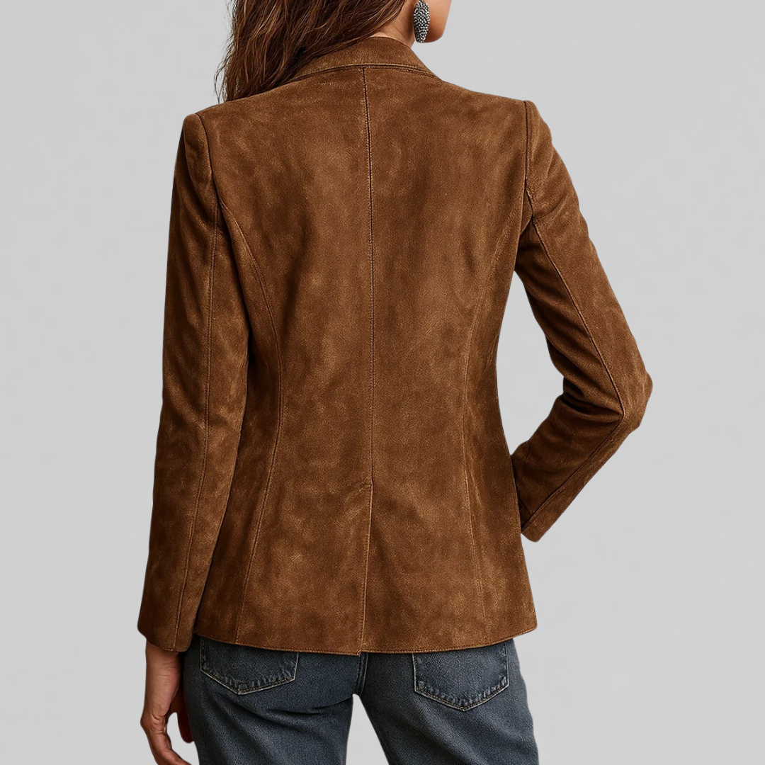 Women's suede-look blazer in cognac brown, back view with long sleeves and seam lines
