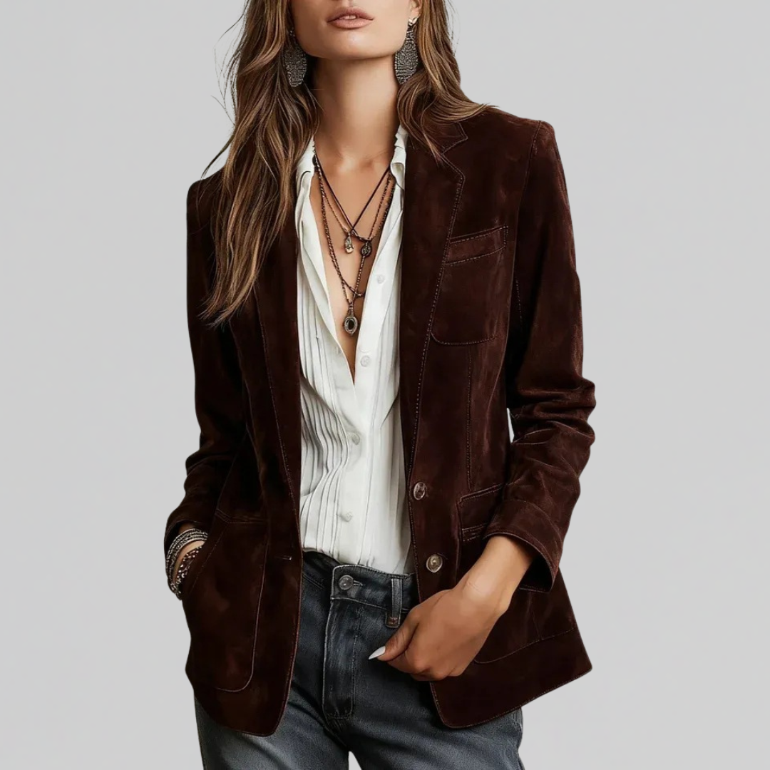 Women's suede-look blazer in dark brown, button front with flap pockets and long sleeves