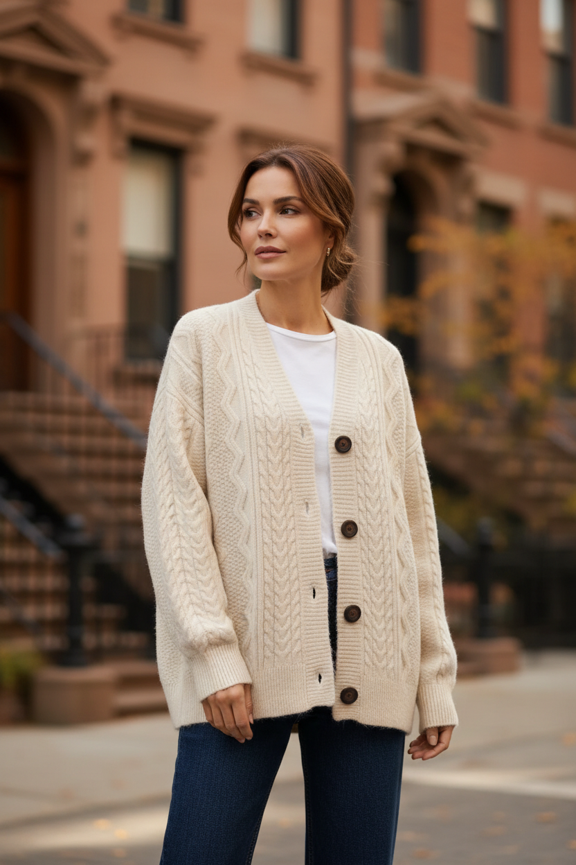 Cream cable-knit cardigan with four-button front and textured sleeves