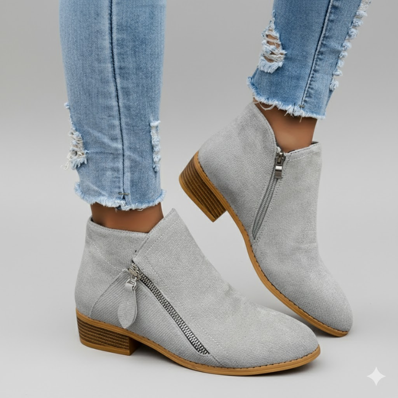 Light gray suede zip ankle boots with side zipper and low block heel