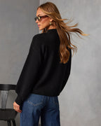 Black mock neck sweater from the side, showing long sleeves and smooth knit texture.