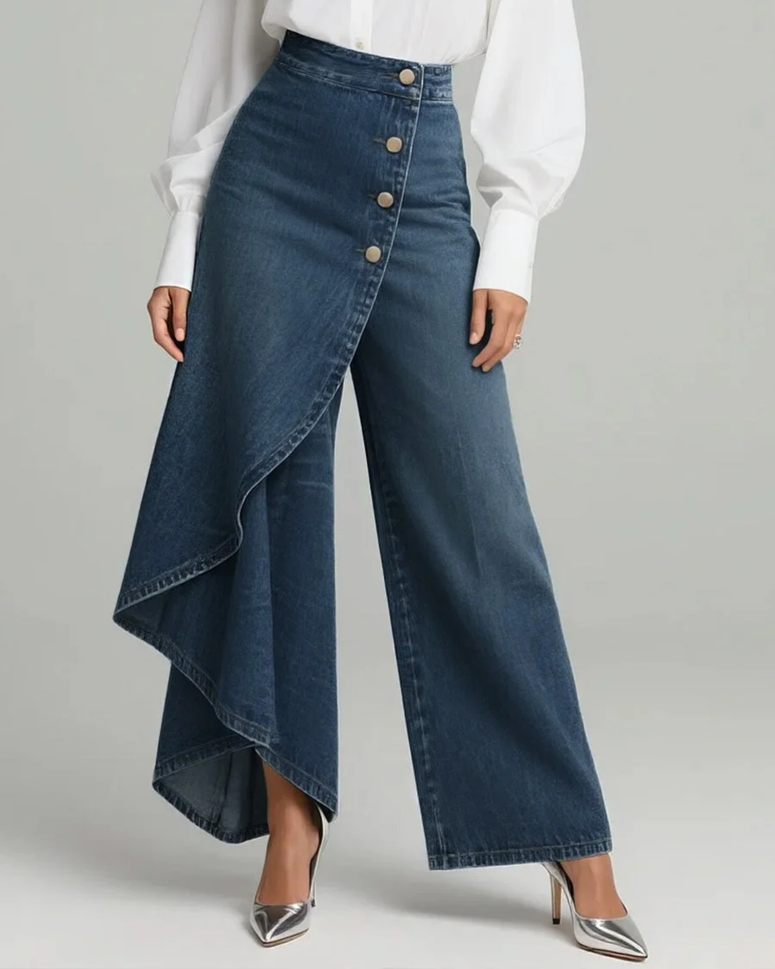 Blue denim wrap trousers with high-rise waist, gold buttons, asymmetric draped hem