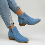 Blue zip ankle boots with side zipper and block heel, suede upper