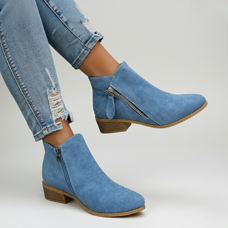 Blue zip ankle boots with side zipper and block heel, suede upper