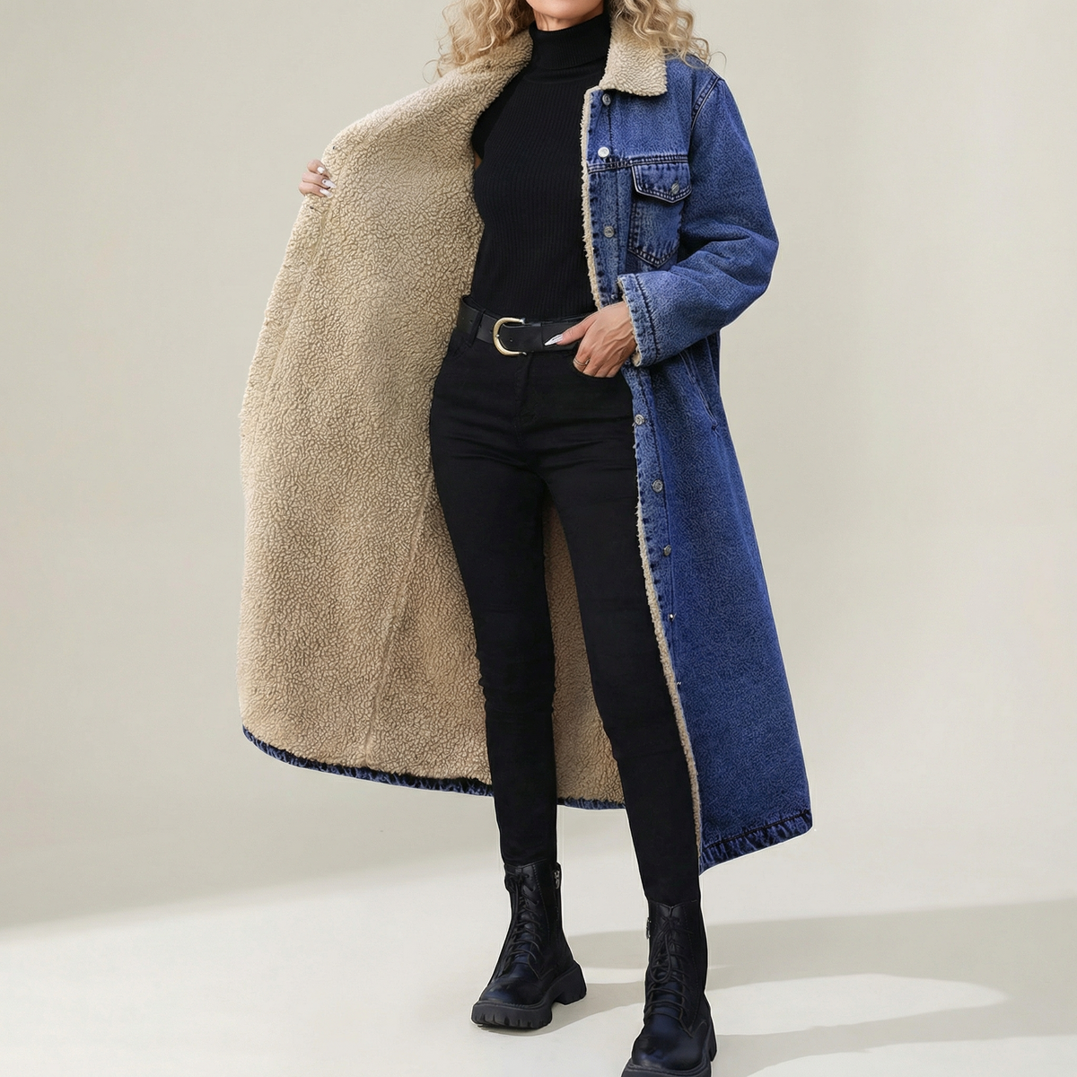 Shearling denim coat in blue with cream fleece lining and chest pocket