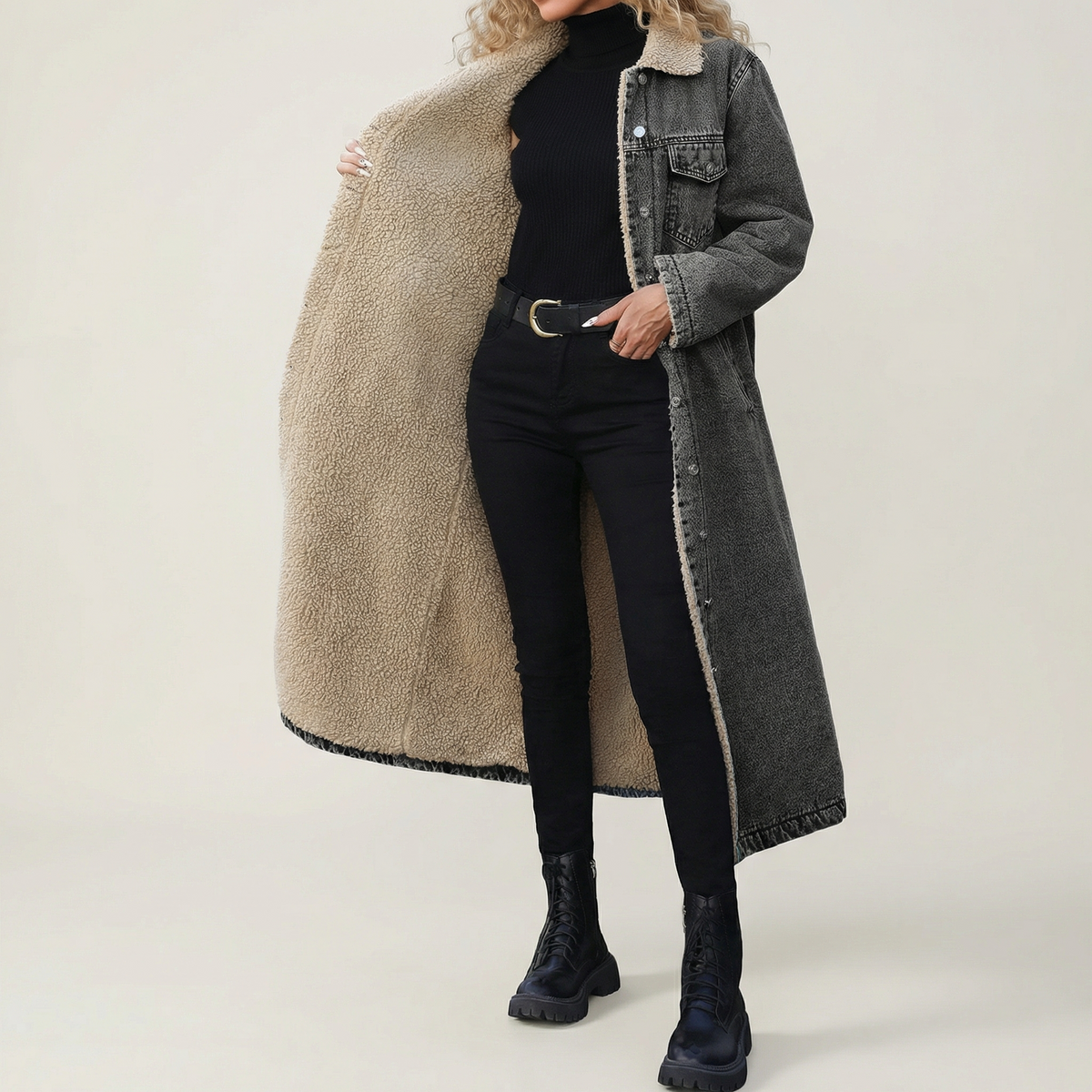 Shearling denim coat in gray with cream fleece lining and buttoned chest pocket