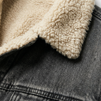 Shearling denim coat with cream sherpa collar and dark button placket