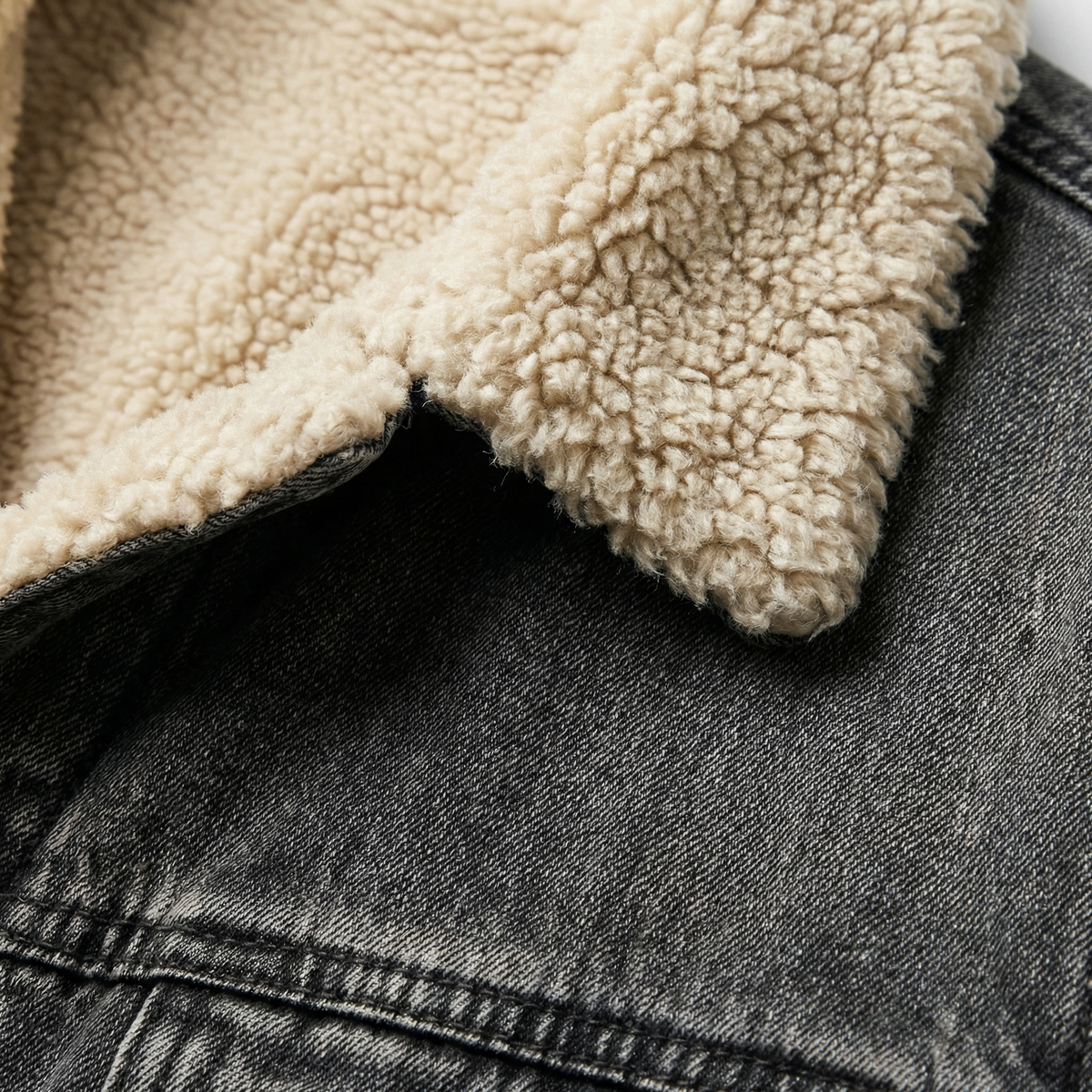 Shearling denim coat with cream sherpa collar and dark button placket