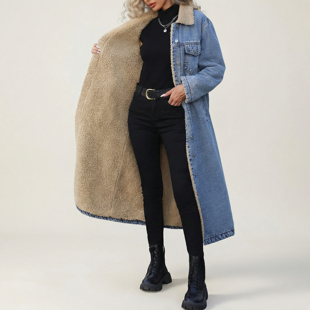 Shearling denim coat in light blue with cream fleece lining, button front pockets