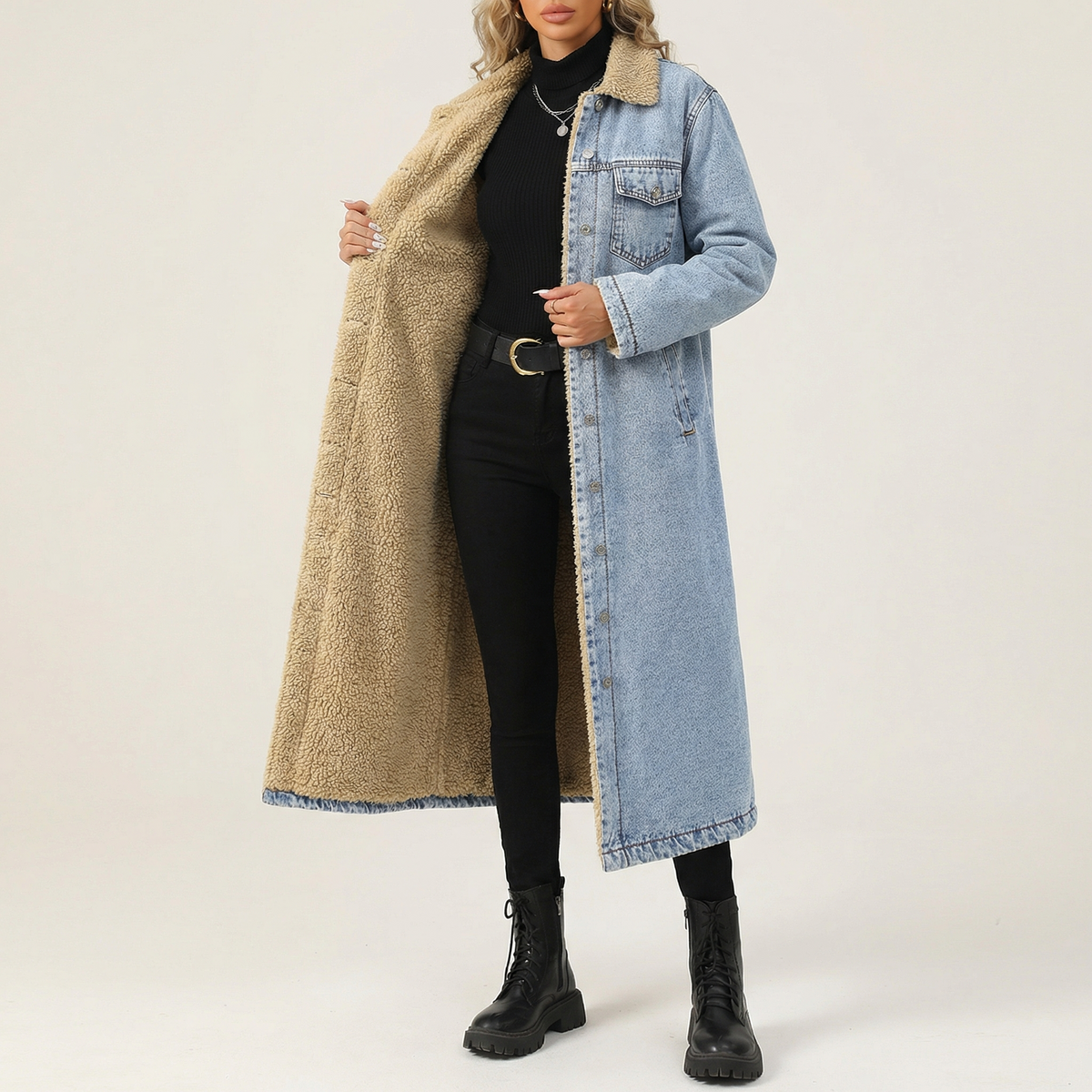 Shearling denim coat in light blue with cream fleece lining and front pockets