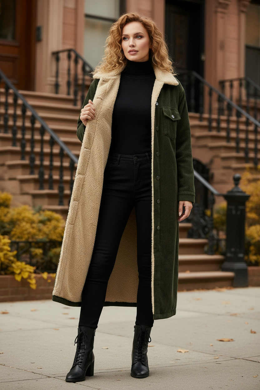 Shearling denim coat in dark olive green with cream fleece lining and snap pockets