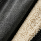 Shearling-lined edge detail on dark denim coat with cream fleece trim