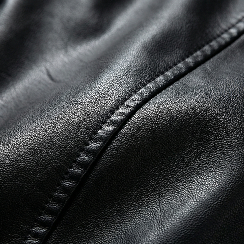 Black leather biker jacket, stitched seam and zip placket detail