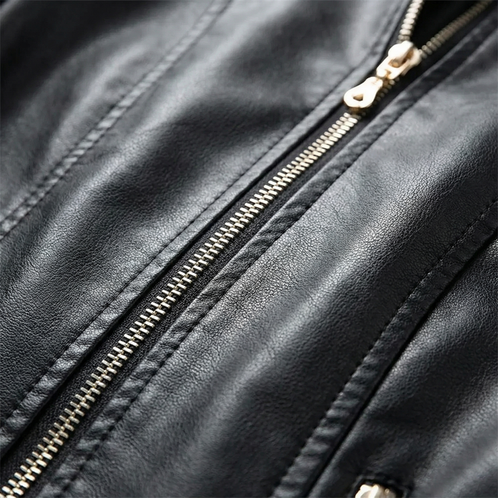 Black leather biker jacket with front zipper and metal pull close-up