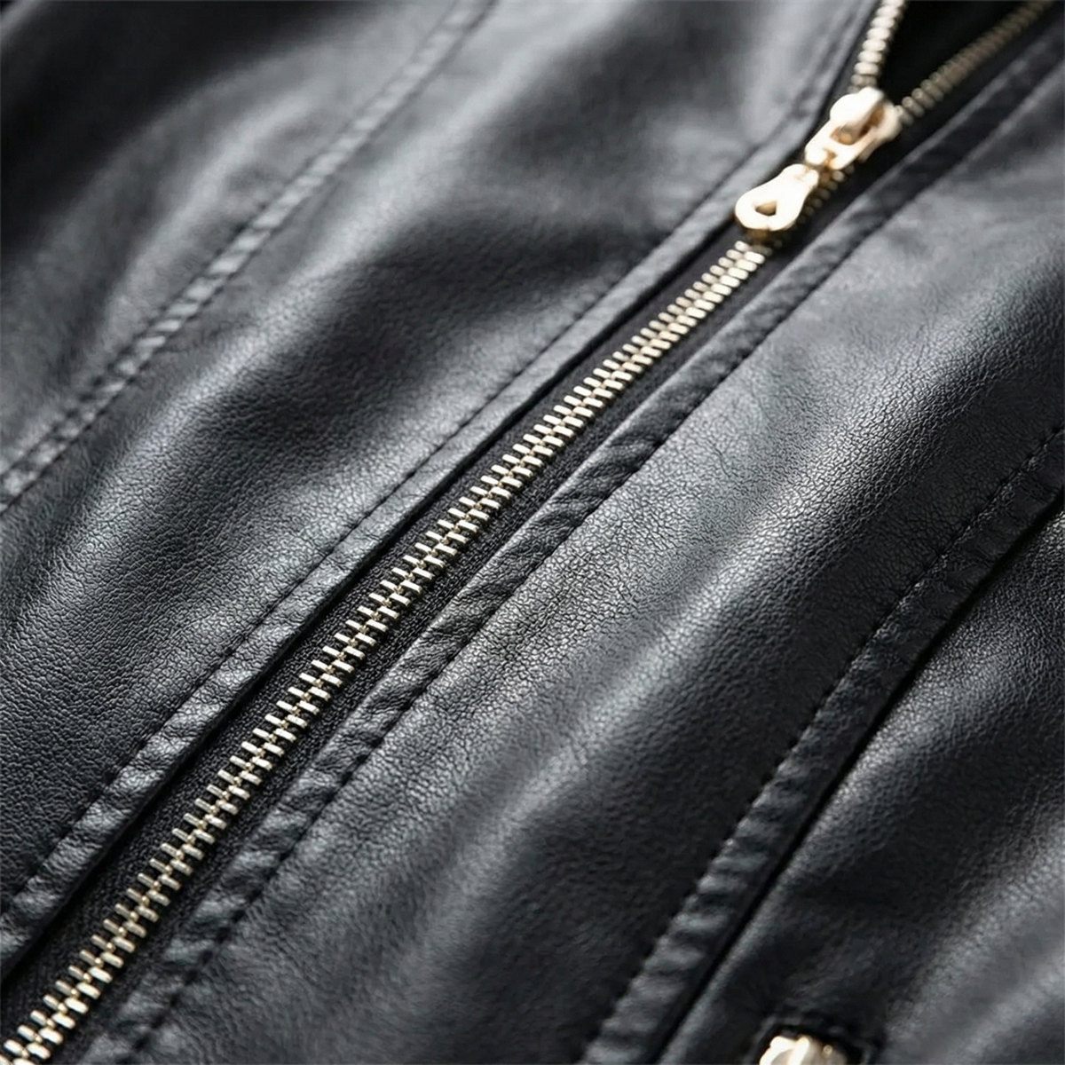 Black leather biker jacket with front zipper and metal pull close-up