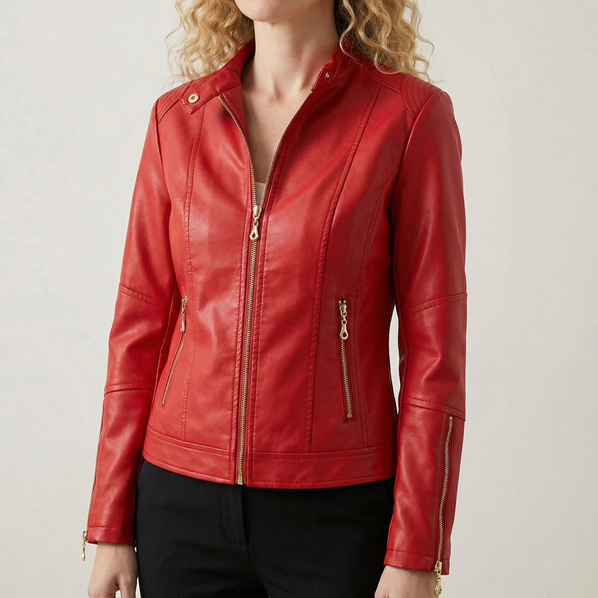 Red leather biker jacket with stand collar and front zipper, zip pocket details