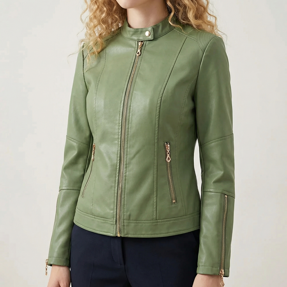 Green leather biker jacket with stand collar and front zip, two zip pockets