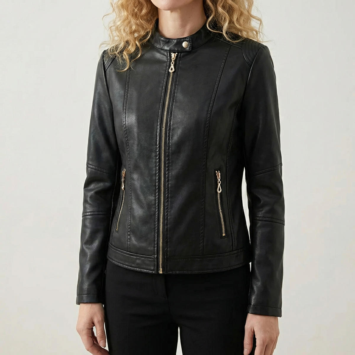Black leather biker jacket with stand collar, front zip, and side zip pockets