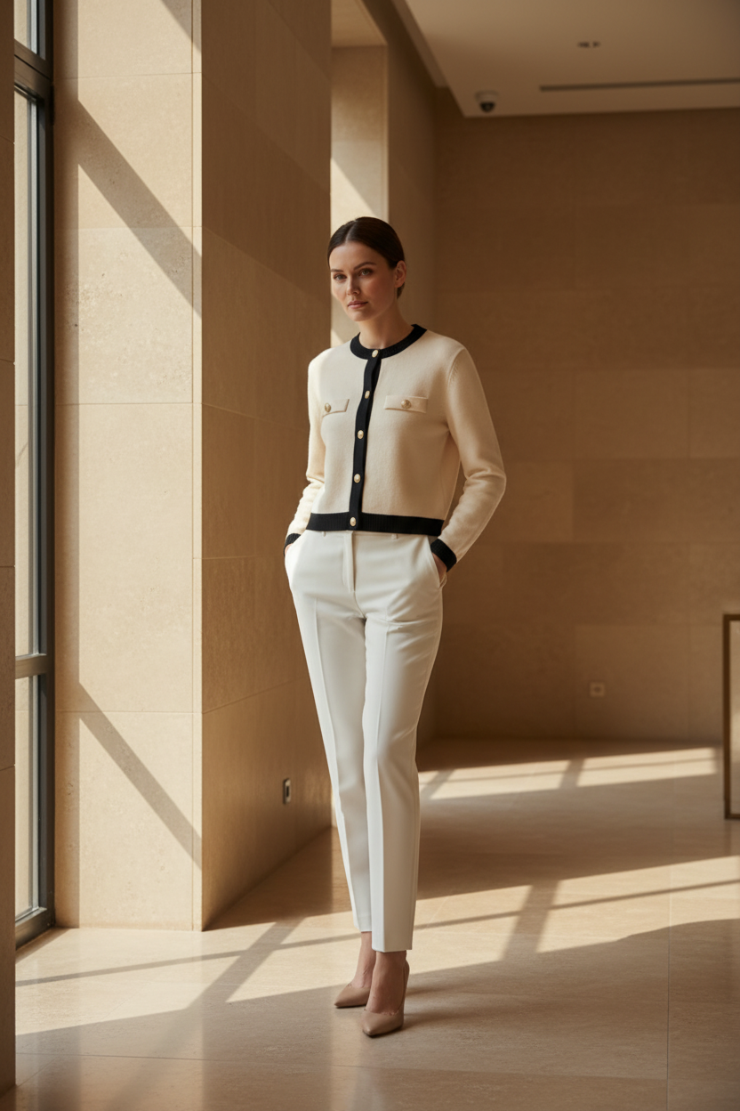 Cream knitted long-sleeve cardigan with black front band and gold snap buttons
