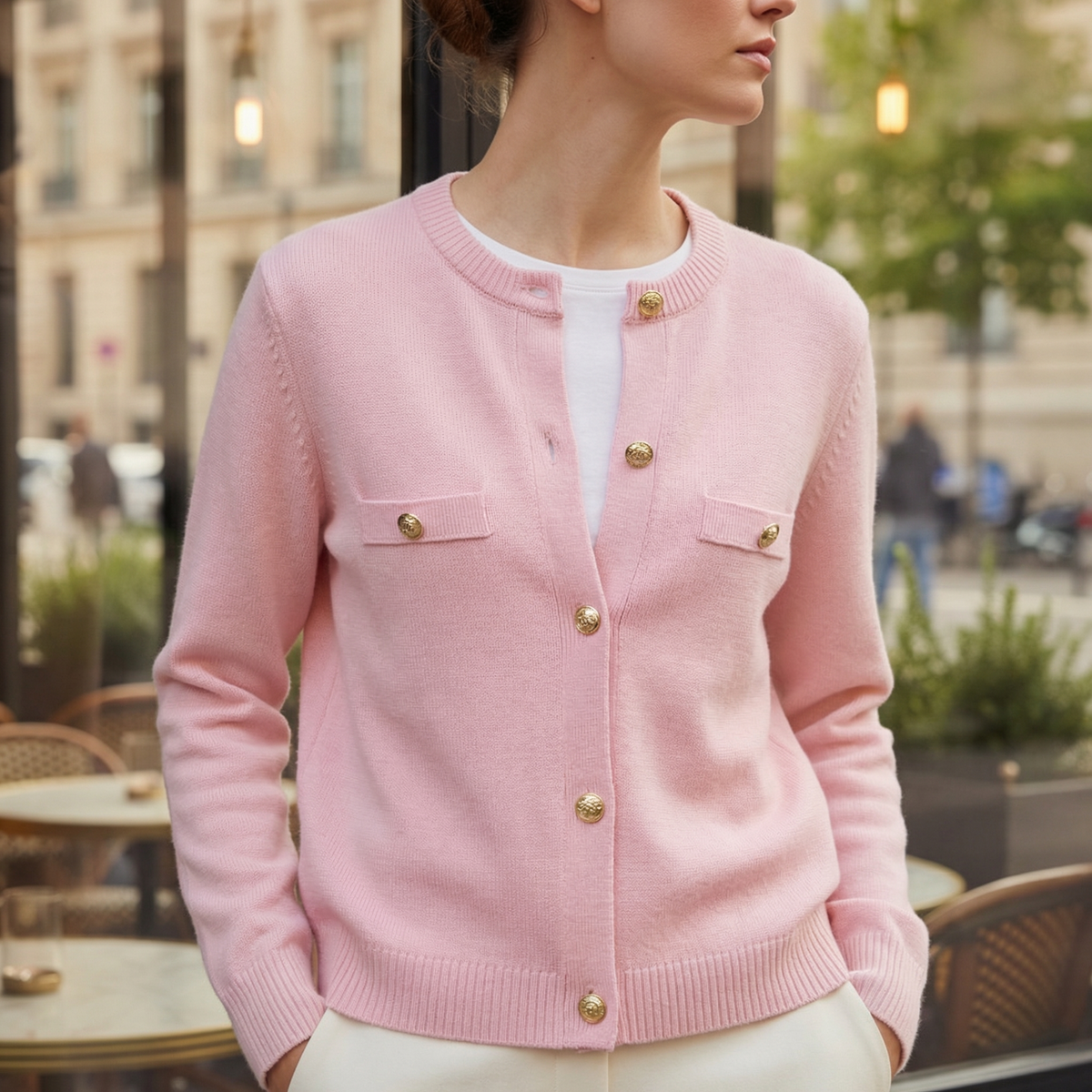 Pink knitted long-sleeve cardigan with gold snap buttons and chest patch pockets
