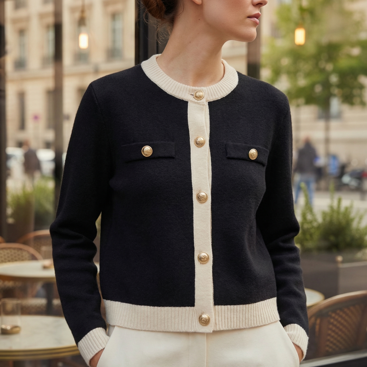 Black knitted long-sleeve cardigan with cream band and gold snap buttons