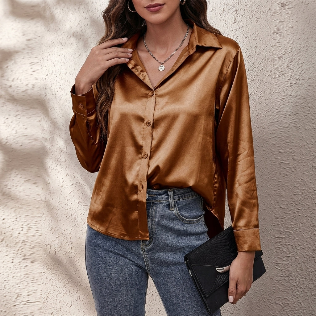Brown satin button-up shirt with V-neck collar and long sleeves
