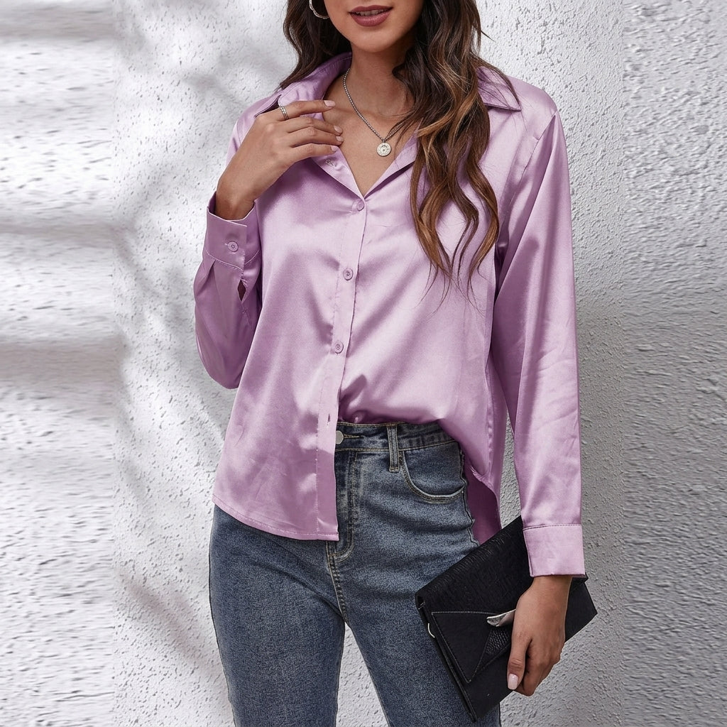 Light purple satin button-up shirt with point collar and long sleeves