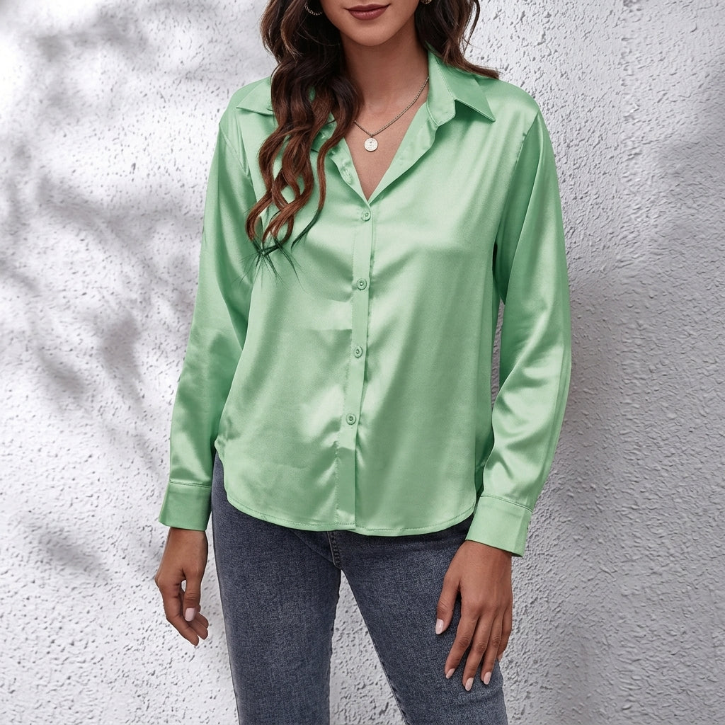Green satin button-up shirt with point collar and long sleeves