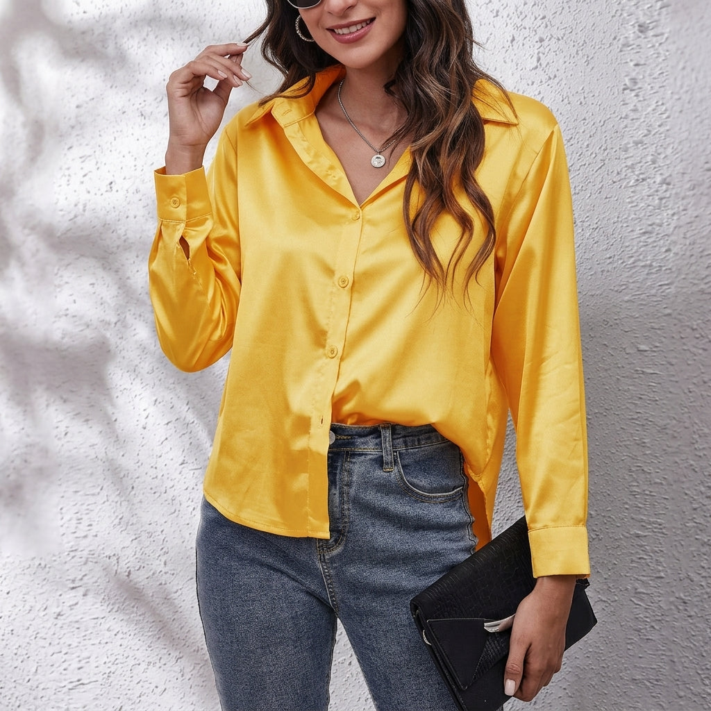 Yellow satin button-up shirt with V-neck collar and long sleeves