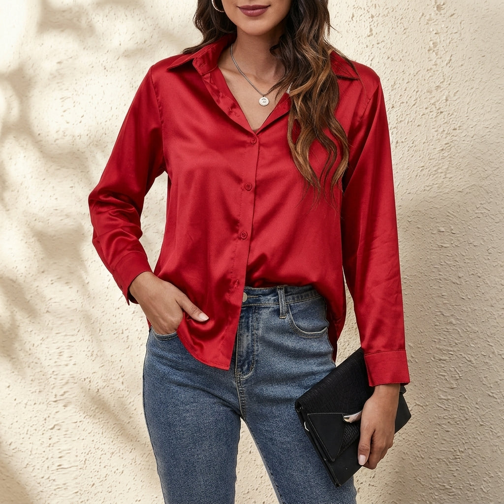 Red satin button-up shirt with V-neck collar and long sleeves