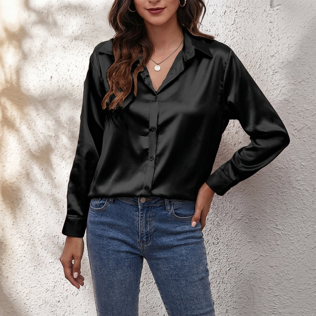 Black satin button-up shirt with point collar and long sleeves