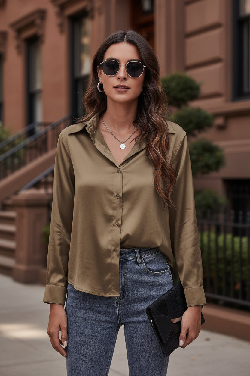 Bronze satin button-up shirt with V-neck collar and long sleeves