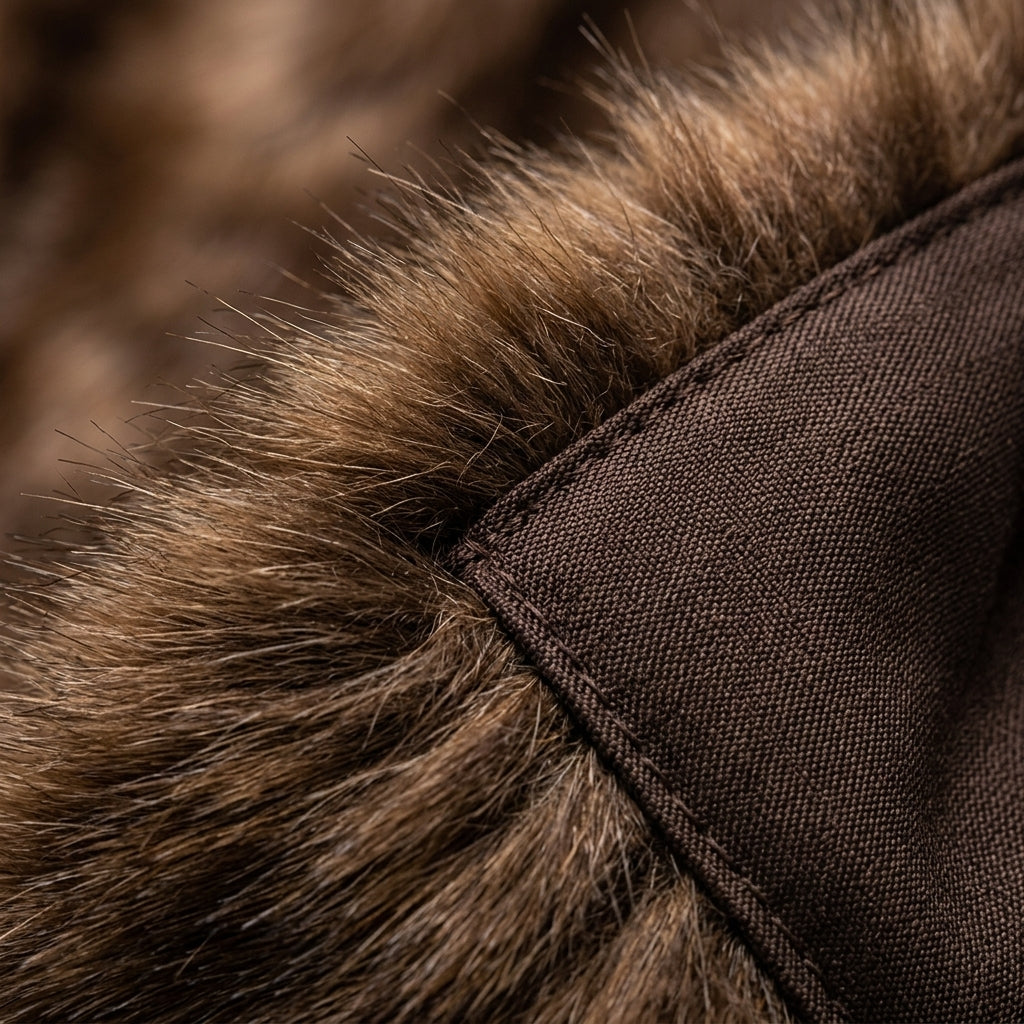 Brown faux fur coat trim with dark fabric edge and stitched seam
