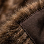 Brown faux fur coat trim with dark fabric edge and stitched seam