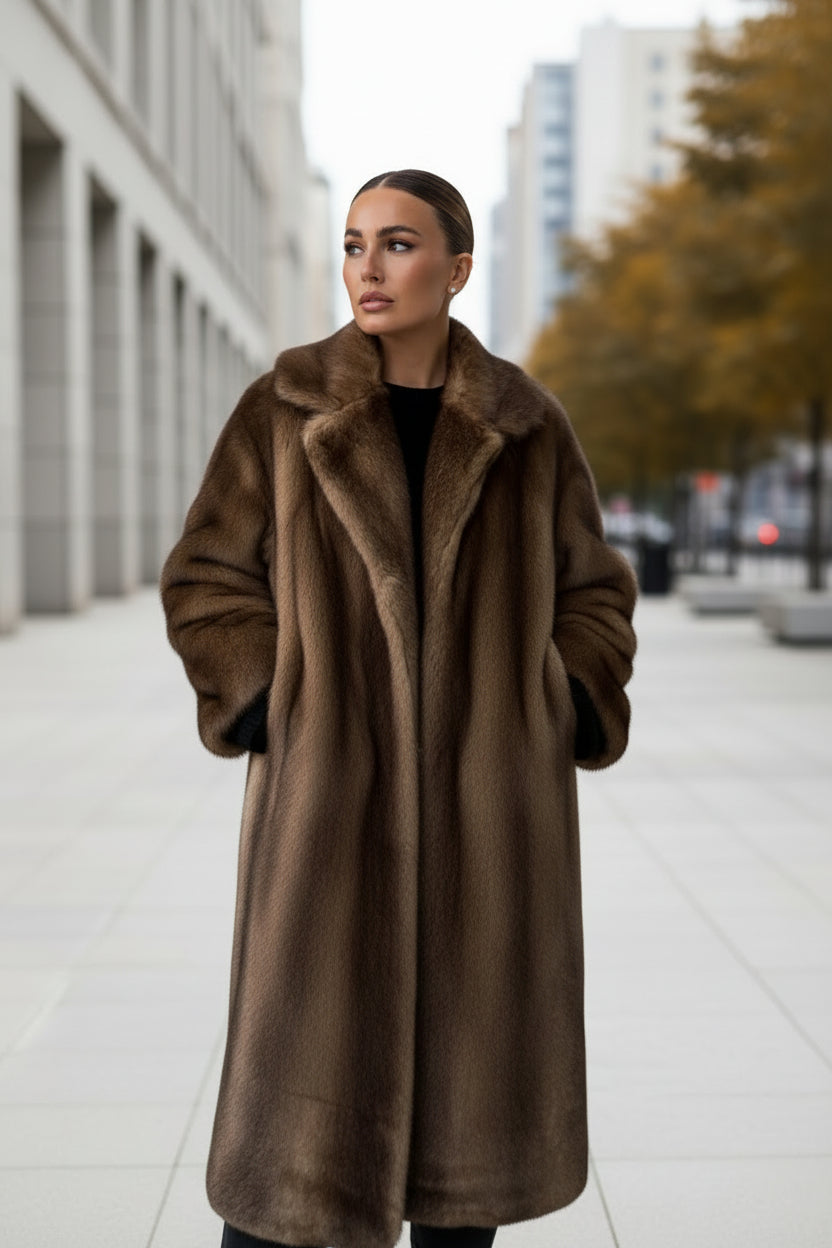 Brown long faux fur coat with wide collar, button front and side pockets
