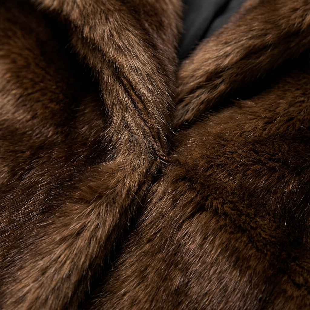 Brown faux fur long coat collar, plush texture close-up